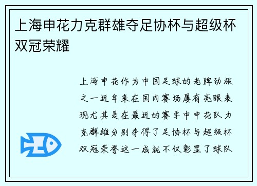 上海申花力克群雄夺足协杯与超级杯双冠荣耀 上海申花力克群雄夺足协杯与超级杯双冠荣耀