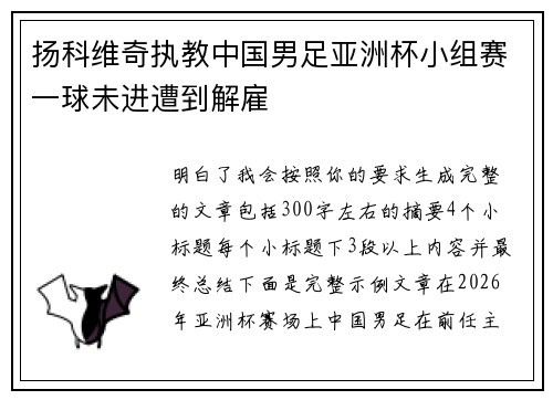 扬科维奇执教中国男足亚洲杯小组赛一球未进遭到解雇 扬科维奇执教中国男足亚洲杯小组赛一球未进遭到解雇